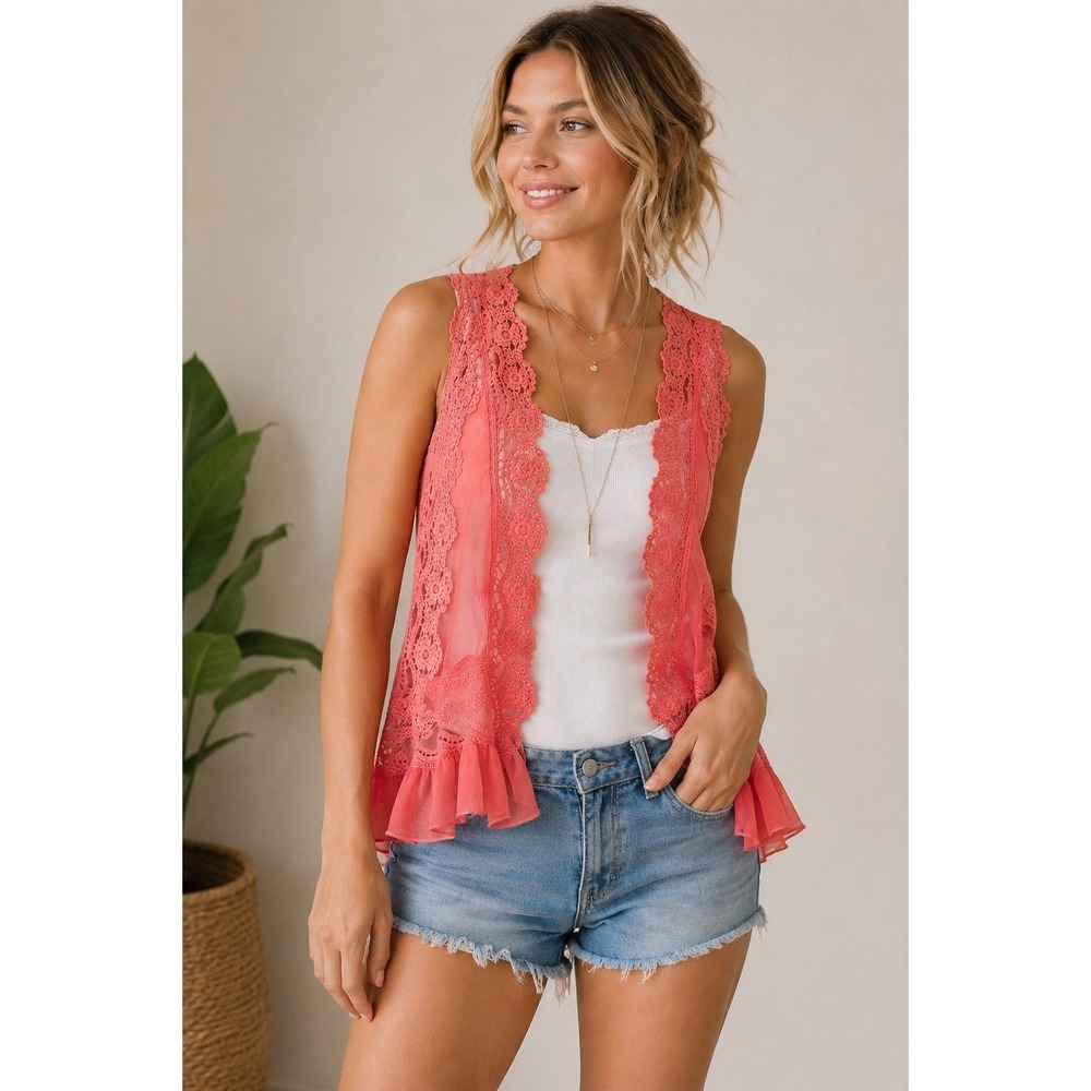 Umgee Coral Pink Lace Mesh Crochet Open Front Boho Vest Kimono M/L